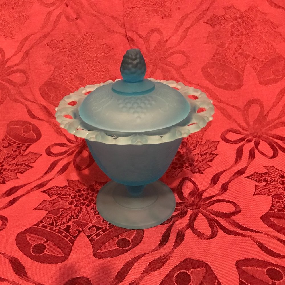 Vintage Blue Satin Compote Candy Dish by Colony Glass Grape Harvest Pattern